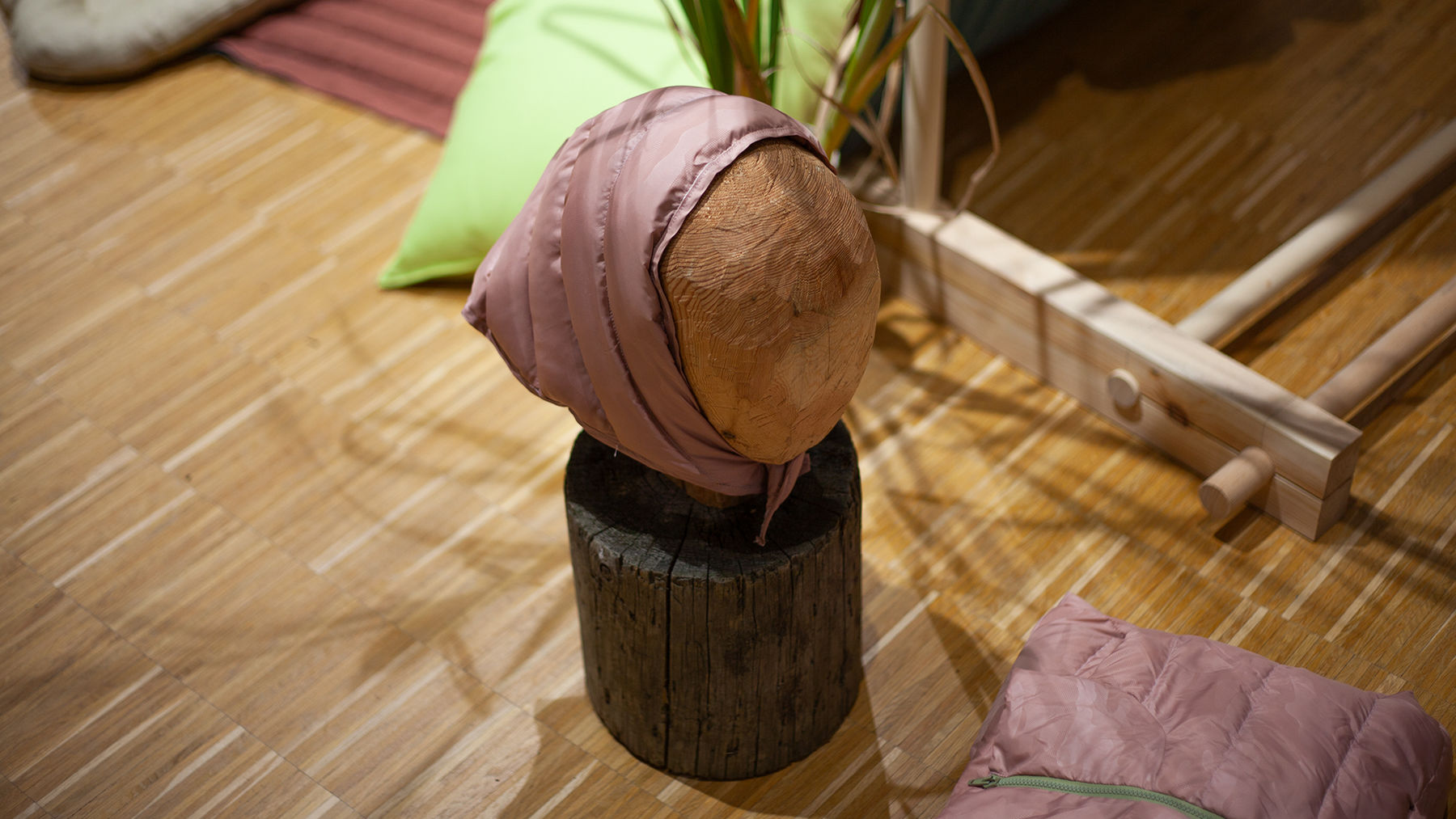 Fluff Stuff -filled hood on a wooden model head.