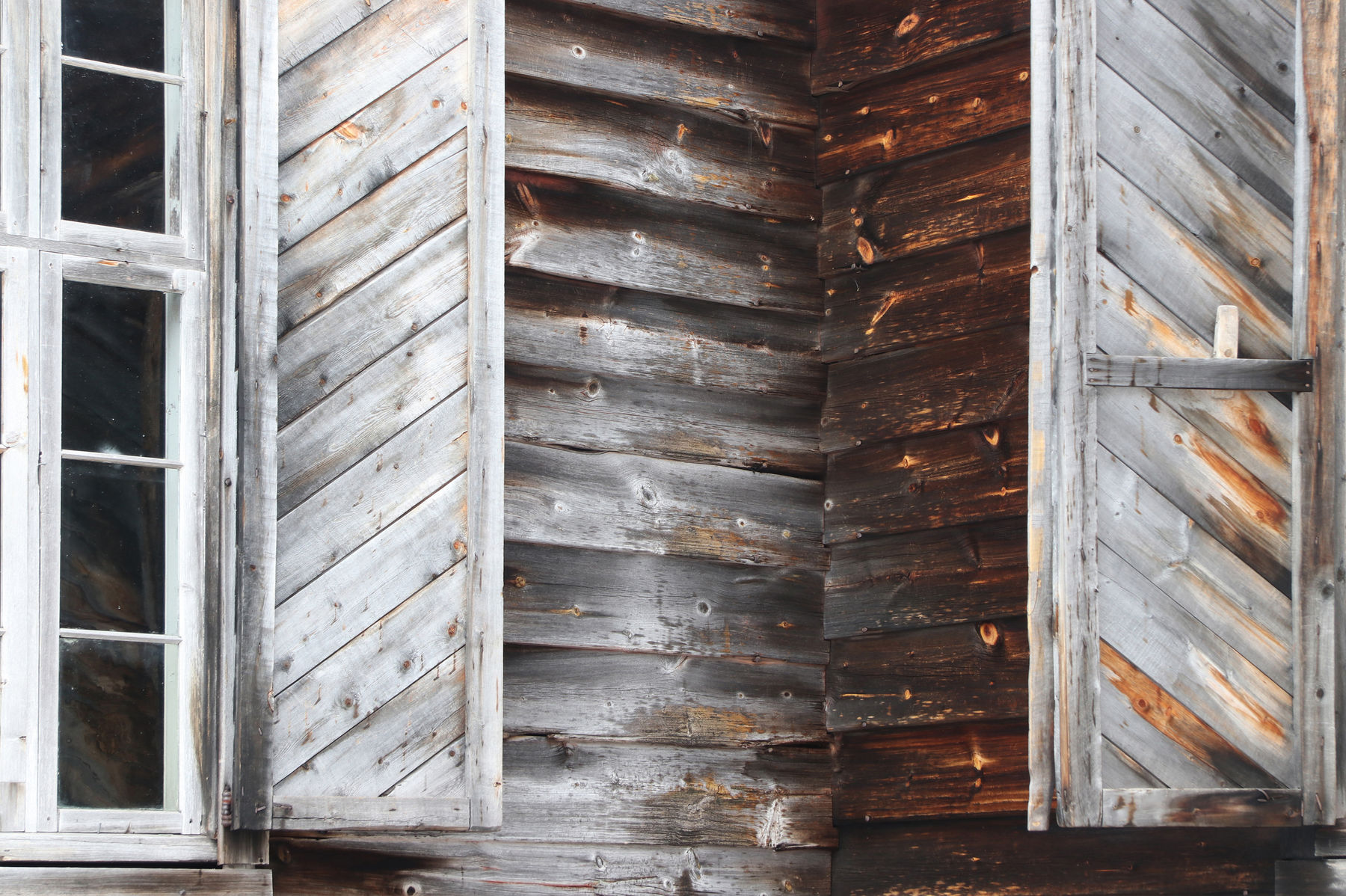 Close-up of a wooden building, antiqued by weather and natural aging.