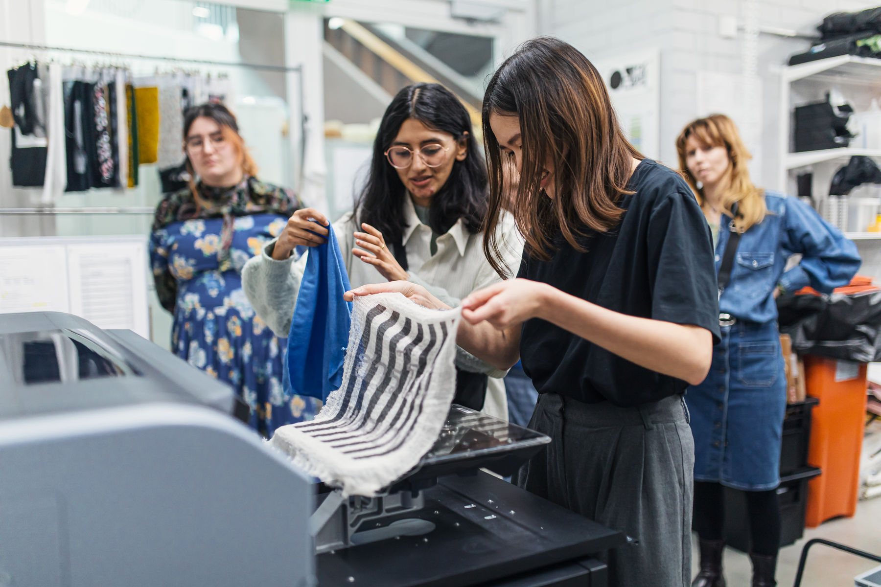 Students in the digital textile printing workshop.