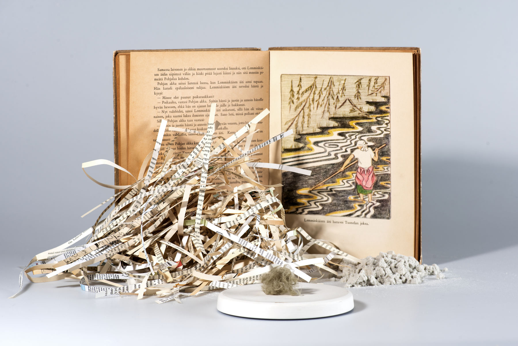 A book and textile fibre made out of books.